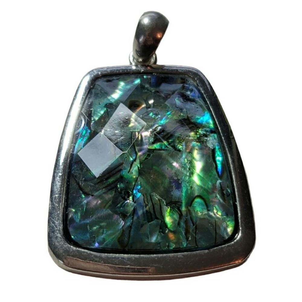 Faceted and Brilliant Faux Abalone and Silver Tone Pendant
